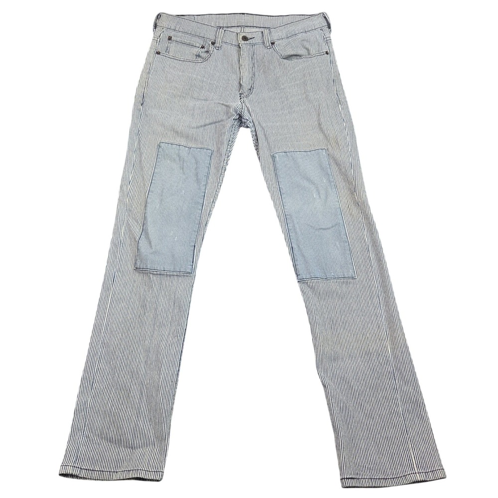 Levis 511 Skinny Jeans Mens 33x32 Blue White Hickory Stripe Knee Patch Workwear